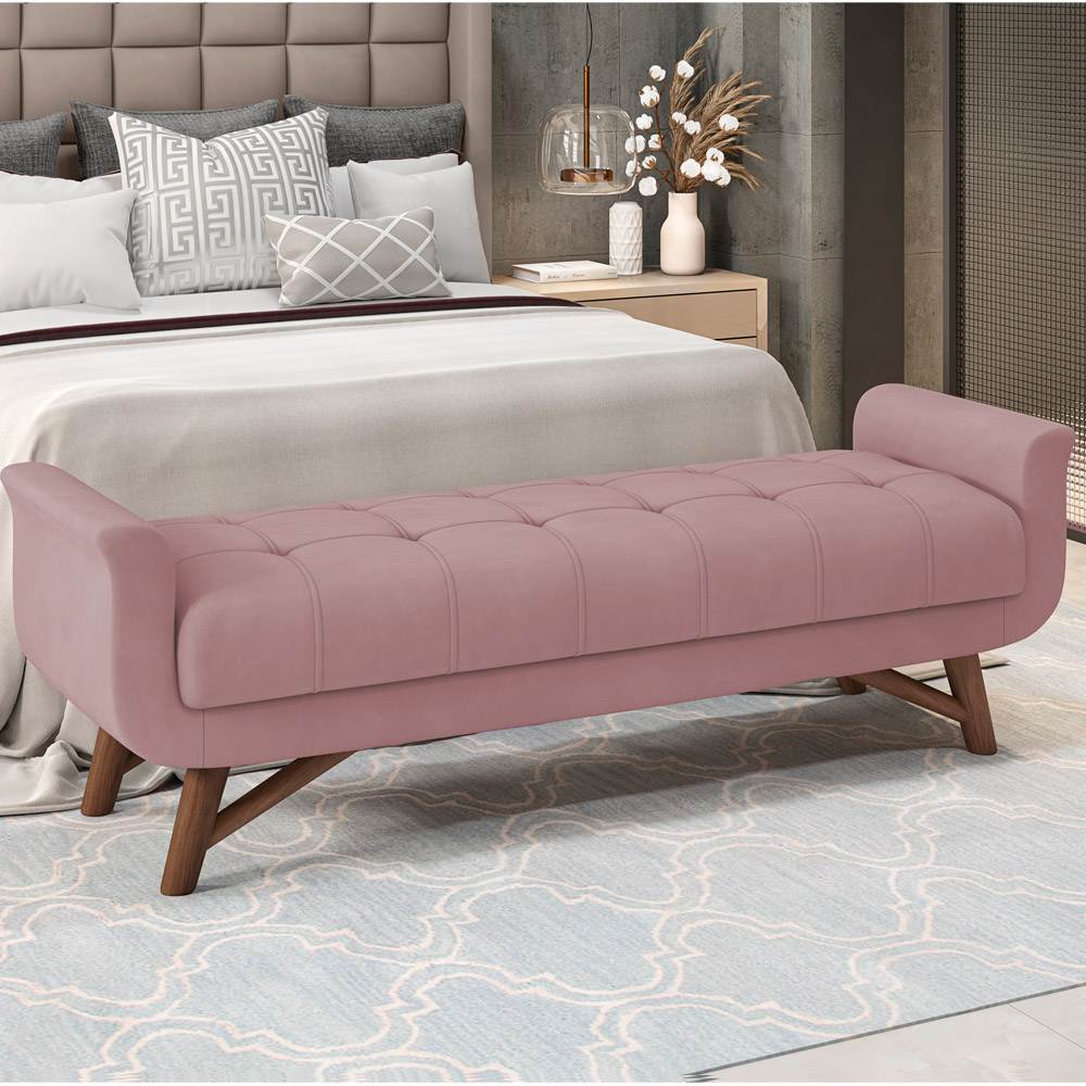 Puff Recamier Decorativo com Pés em Madeira 140 cm Itália P05 Veludo Rosê - Lyam