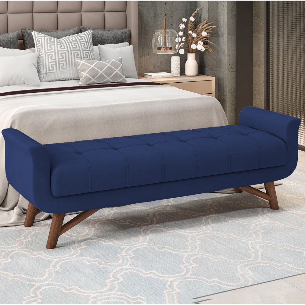 Puff Recamier Decorativo com Pés em Madeira 160 cm Itália P05 Veludo Azul Marinho - Lyam