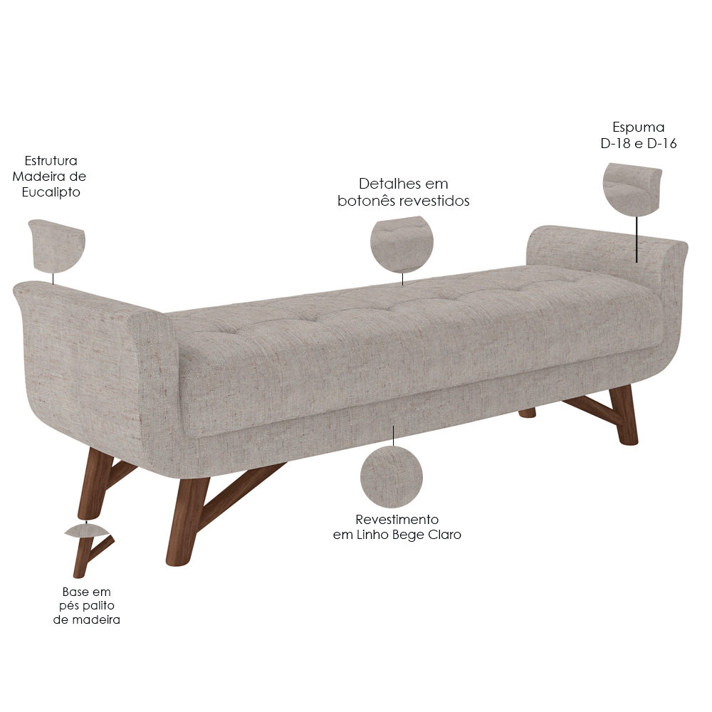 Puff Recamier Decorativo com Pés em Madeira 195 cm Itália P05 Linho Bege Claro - Lyam Decor