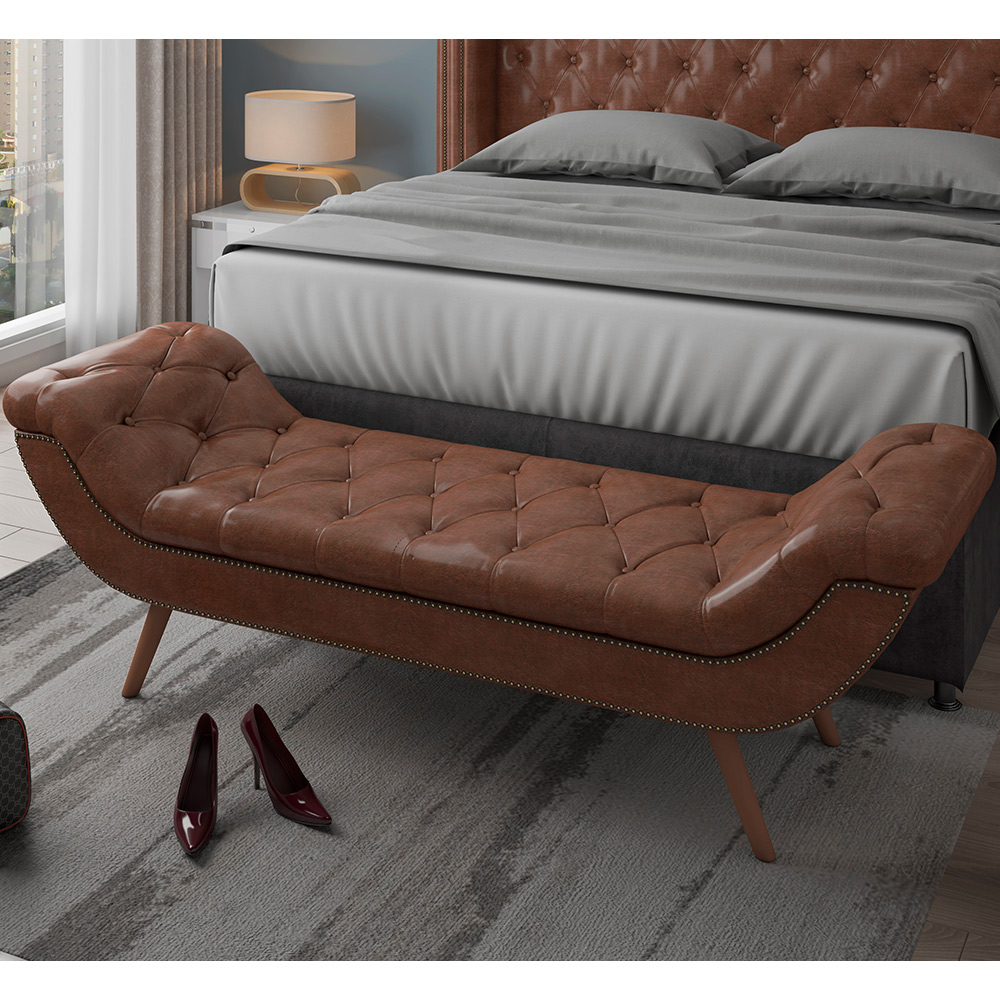 Puff Recamier Decorativo com Tachas 140 cm Santorini P05 Corino Marrom - Lyam Decor