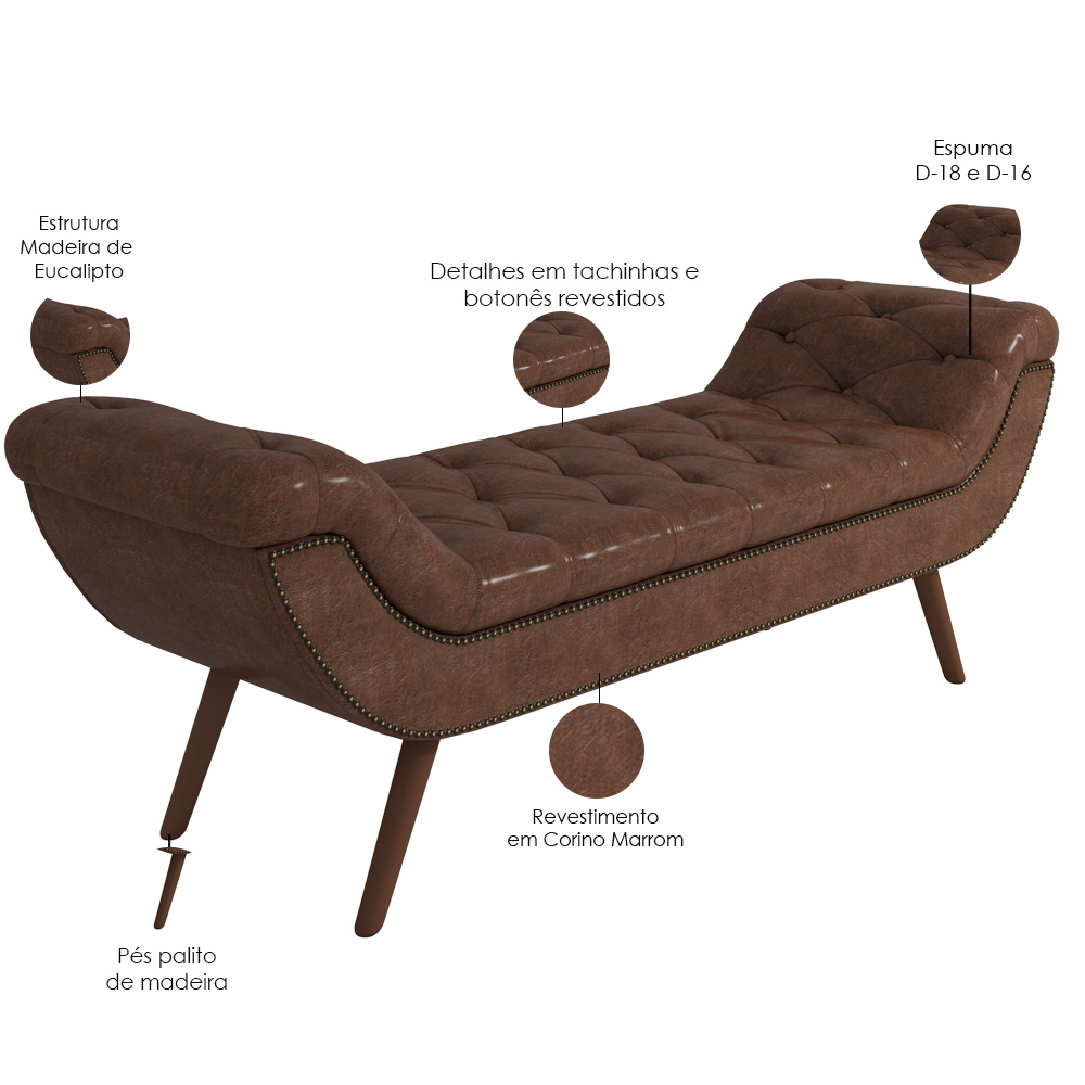 Puff Recamier Decorativo com Tachas 140 cm Santorini P05 Corino Marrom - Lyam Decor