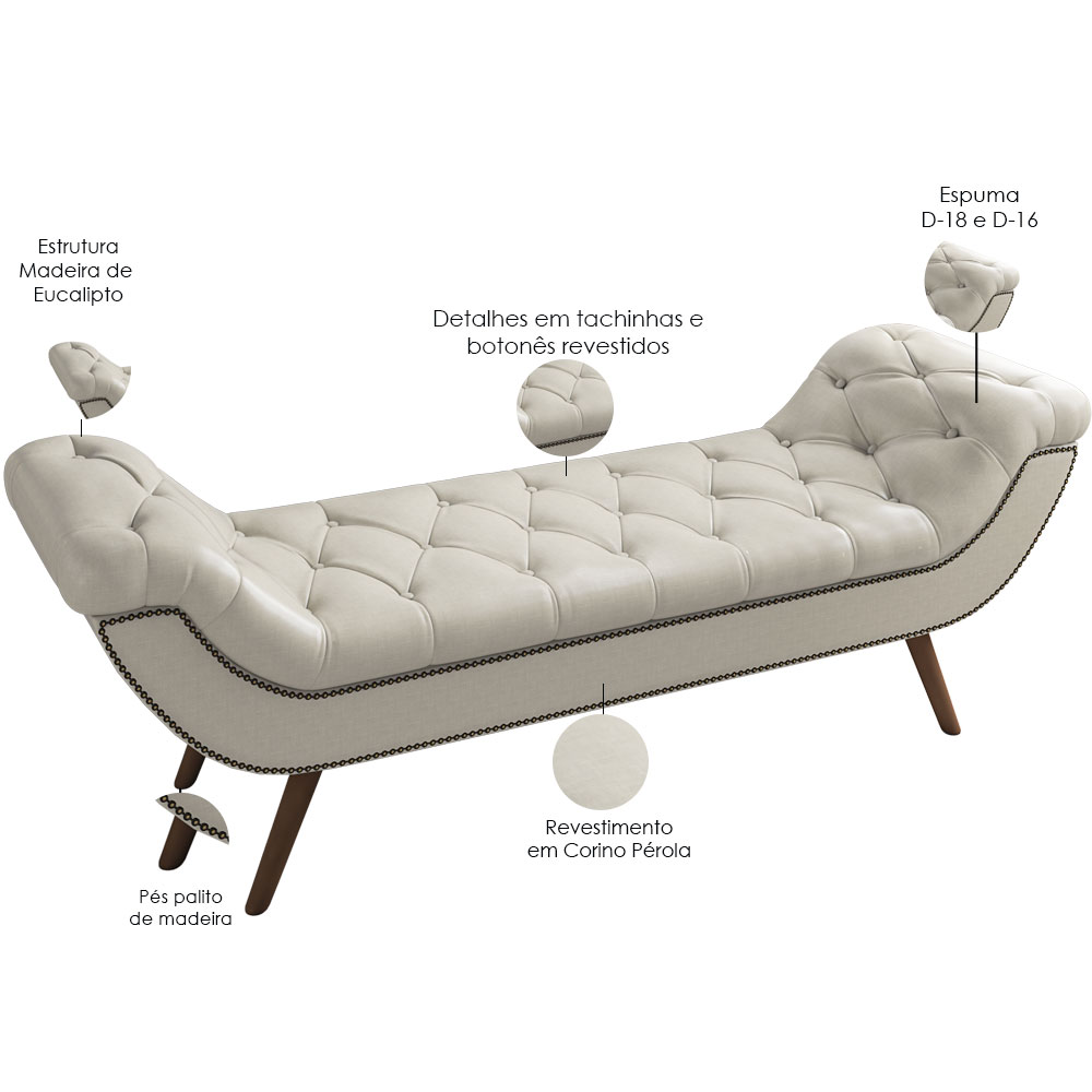 Puff Recamier Decorativo com Tachas 140 cm Santorini P05 Facto Dunas Pérola - Lyam Decor