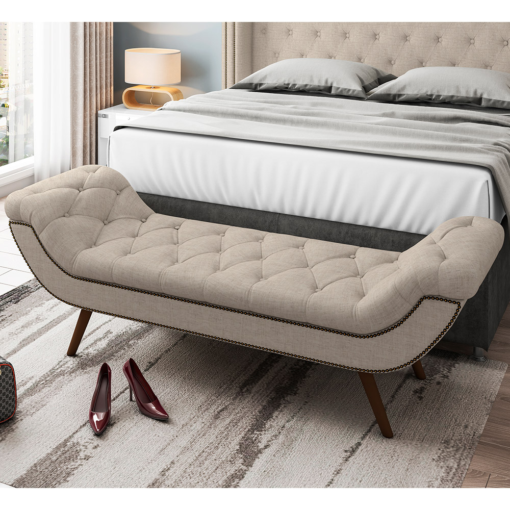 Puff Recamier Decorativo com Tachas 140 cm Santorini P05 Linho Bege Claro - Lyam Decor