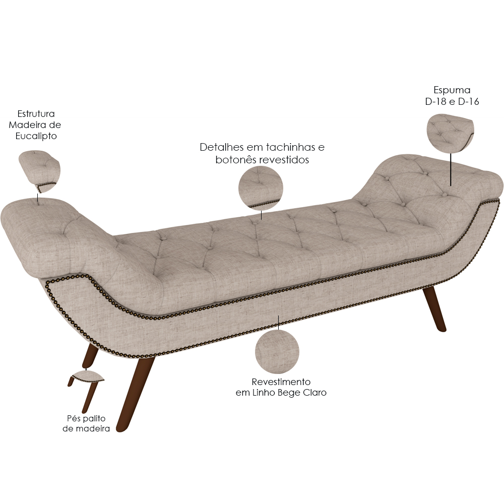 Puff Recamier Decorativo com Tachas 140 cm Santorini P05 Linho Bege Claro - Lyam Decor