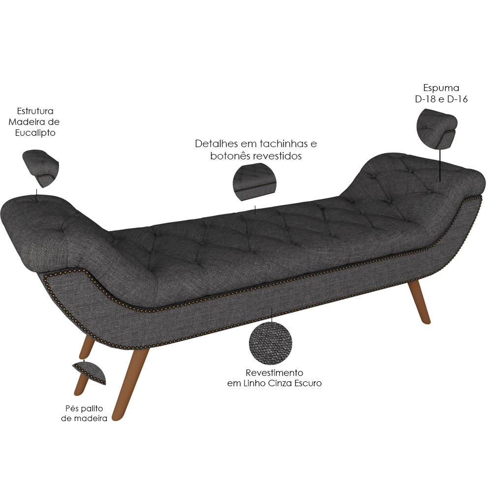 Puff Recamier Decorativo com Tachas 140 cm Santorini P05 Linho Cinza Escuro - Lyam Decor