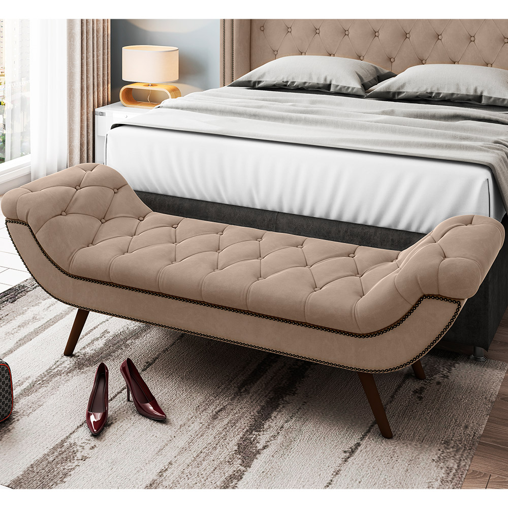 Puff Recamier Decorativo com Tachas 140 cm Santorini P05 Veludo Bege - Lyam Decor