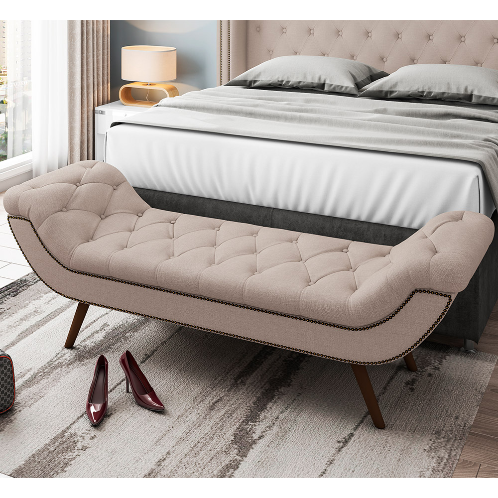 Puff Recamier Decorativo com Tachas 195 cm Santorini P05 Linho Bege - Lyam Decor
