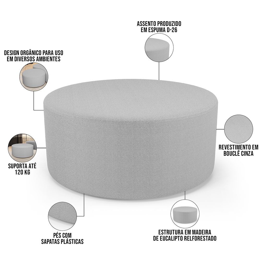 Puff Redondo Orgânico para Living 90cm Lola W01 Bouclê Cinza - Lyam Decor