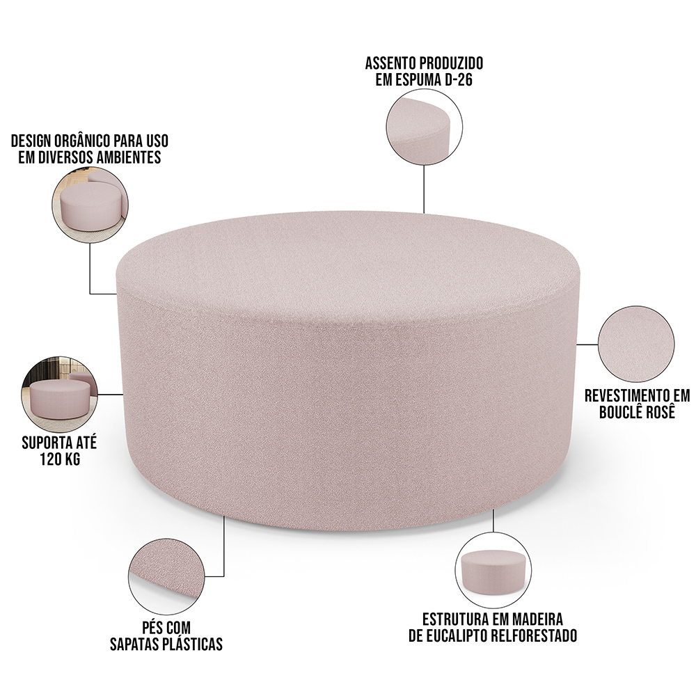 Puff Redondo Orgânico para Living 90cm Lola W01 Bouclê Rosê - Lyam Decor