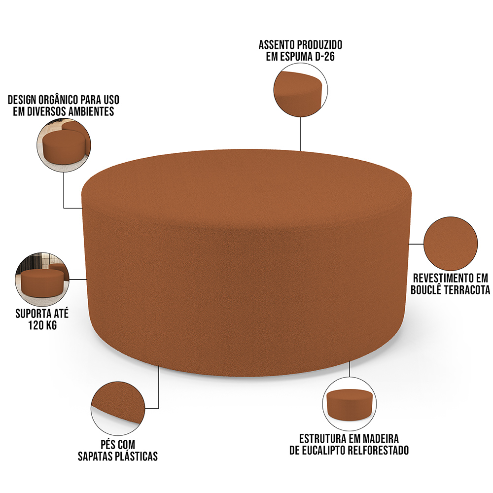 Puff Redondo Orgânico para Living 90cm Lola W01 Bouclê Terracota - Lyam Decor