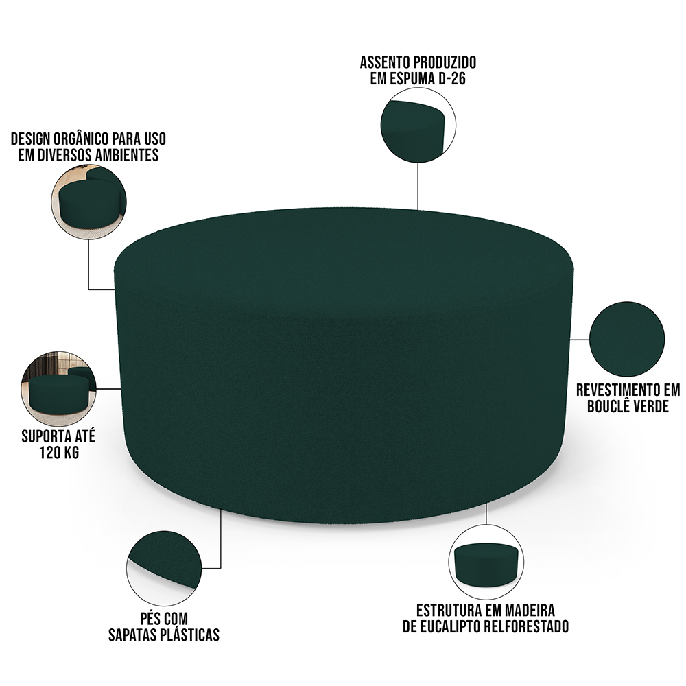Puff Redondo Orgânico para Living 90cm Lola W01 Bouclê Verde - Lyam Decor