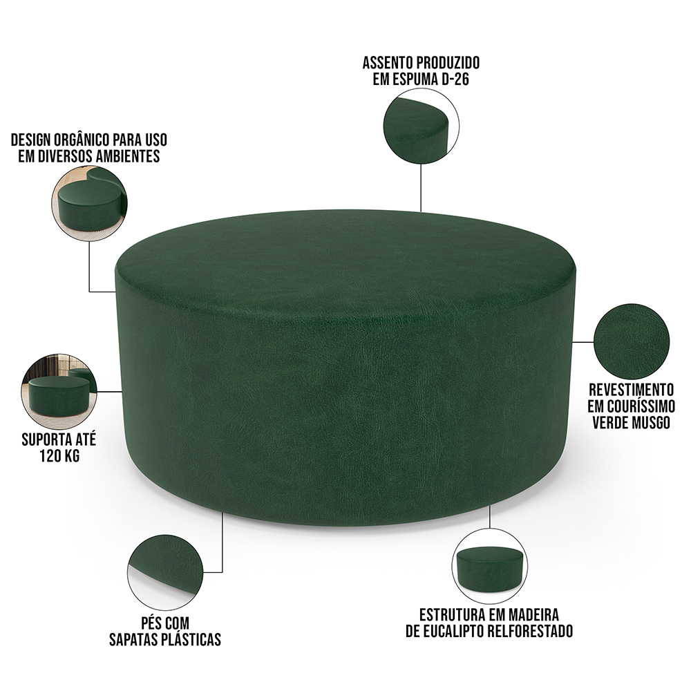 Puff Redondo Orgânico para Living 90cm Lola W01 Couríssimo Verde - Lyam Decor