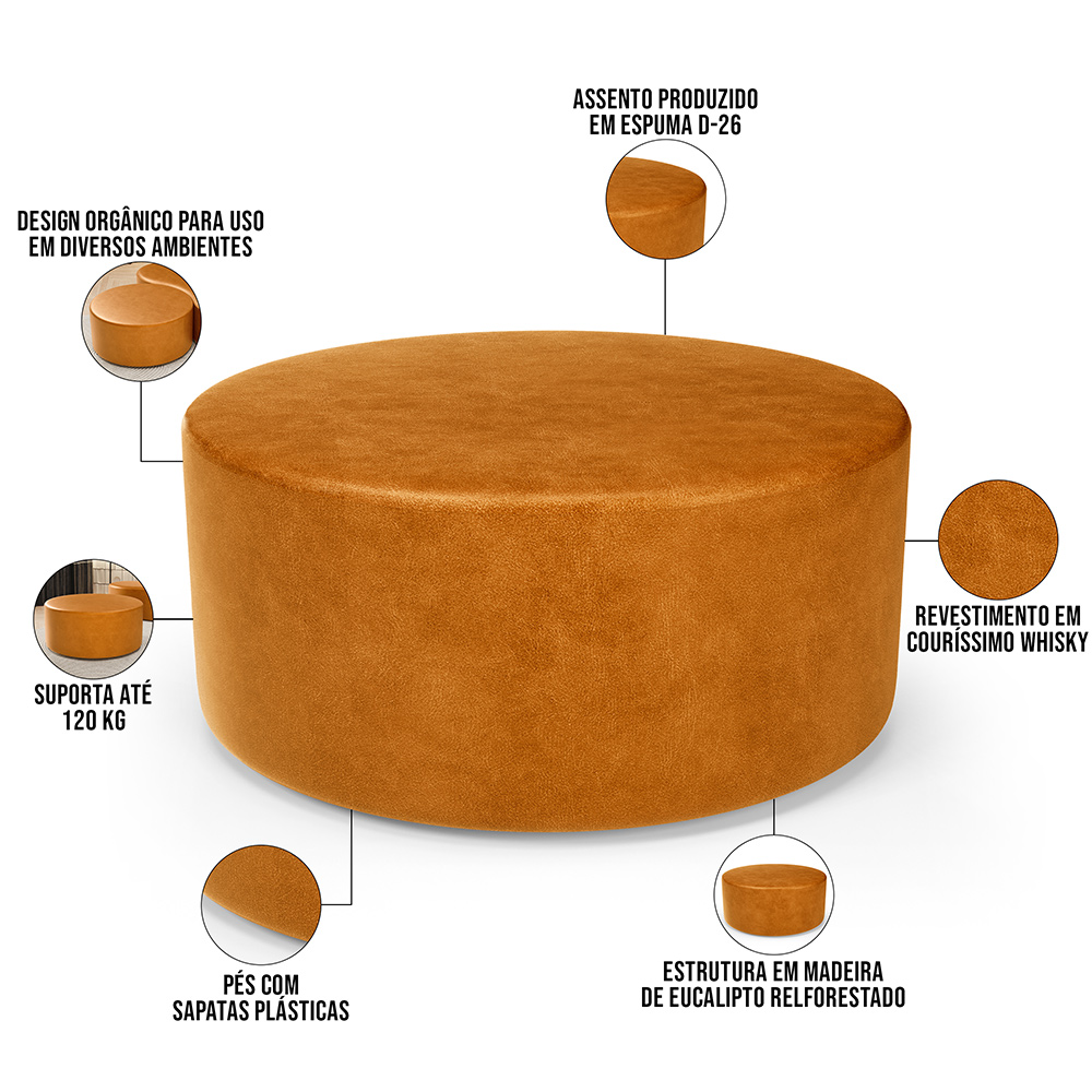 Puff Redondo Orgânico para Living 90cm Lola W01 Couríssimo Whisky - Lyam Decor