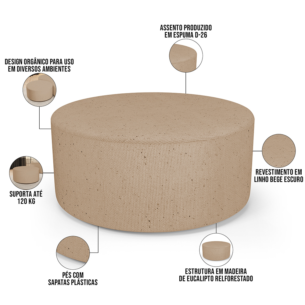 Puff Redondo Orgânico para Living 90cm Lola W01 Linho Bege Escuro - Lyam Decor