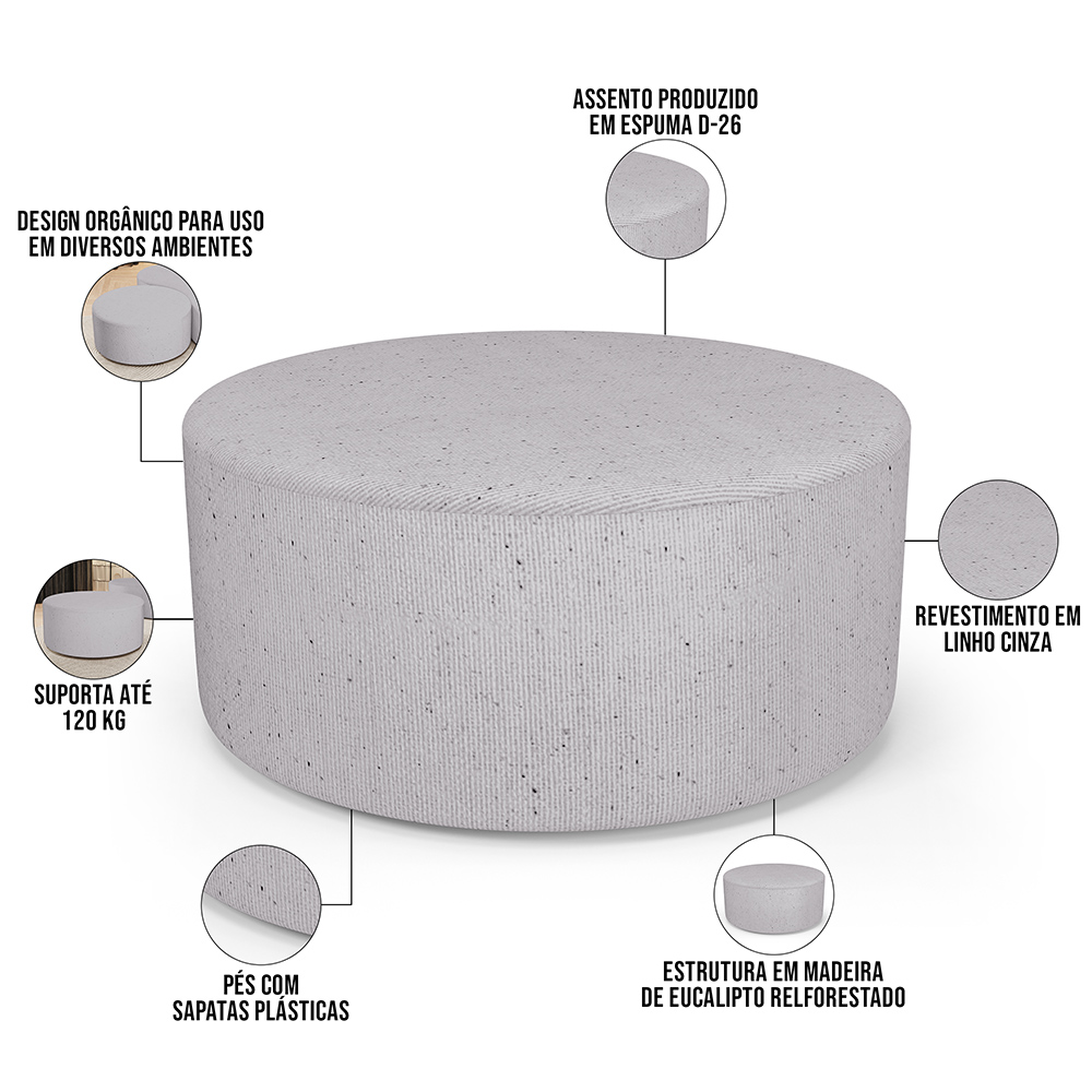 Puff Redondo Orgânico para Living 90cm Lola W01 Linho Cinza - Lyam Decor