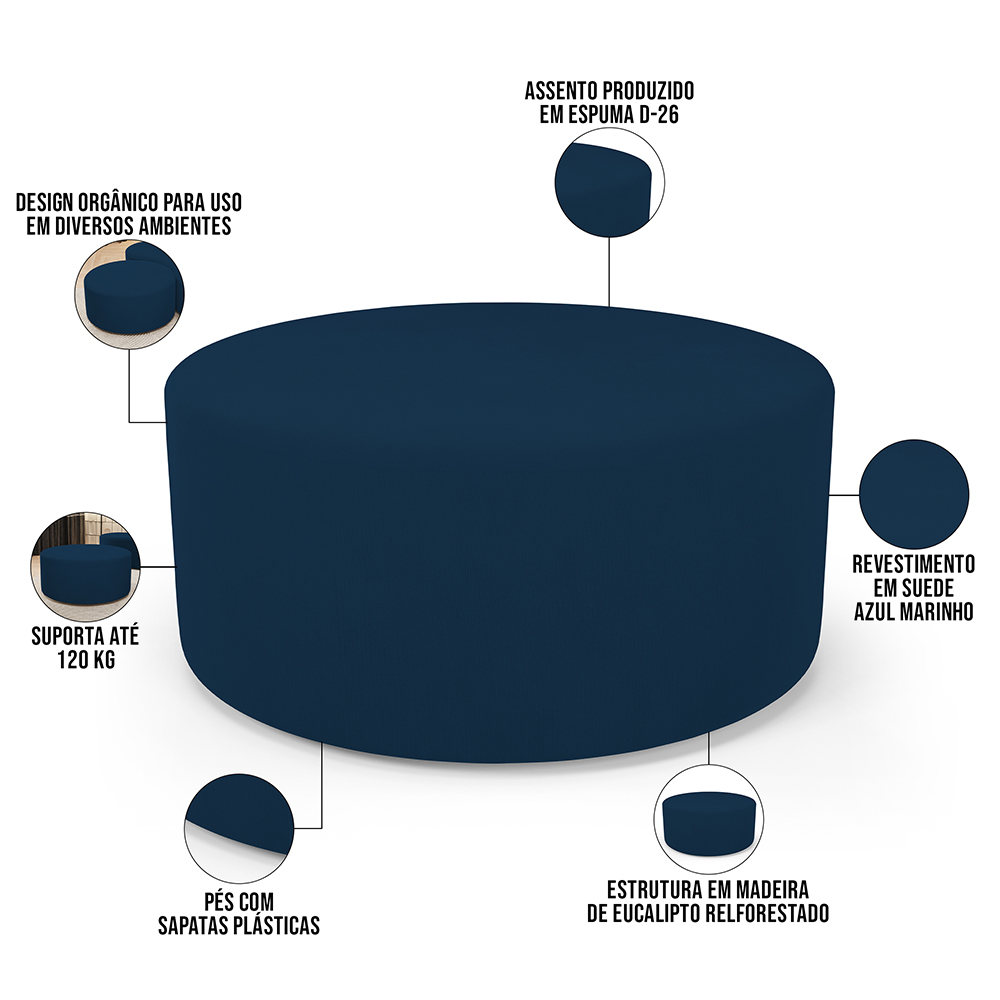 Puff Redondo Orgânico para Living 90cm Lola W01 Suede Azul Marinho - Lyam Decor