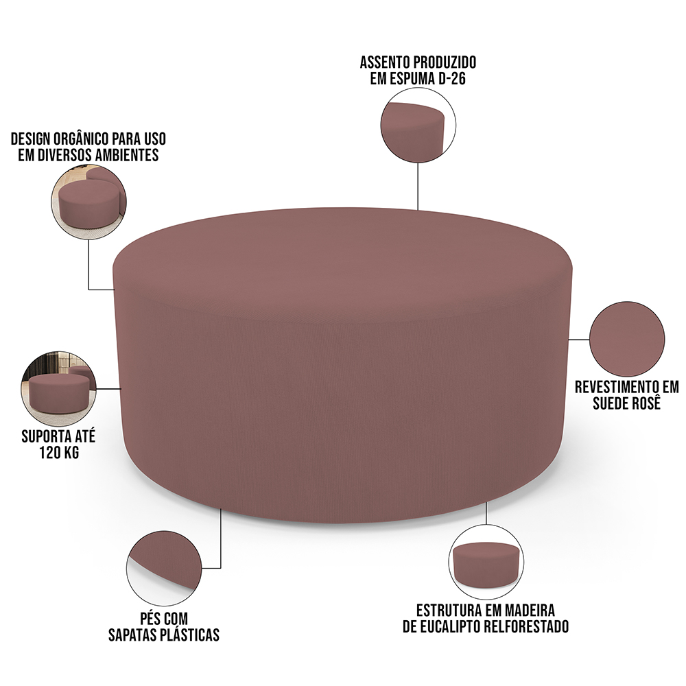 Puff Redondo Orgânico para Living 90cm Lola W01 Suede Rosê - Lyam Decor