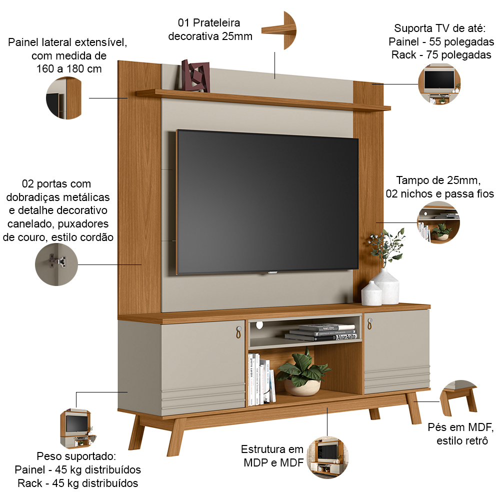 Rack Para Sala Com Painel Para TV 55 Pol Eller L05 Nature Off White - Lyam Decor