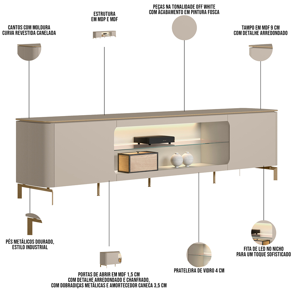 Rack Para Sala Com Painel Para TV 70 Pol Elysia L05 Off White Fosco - Lyam Decor