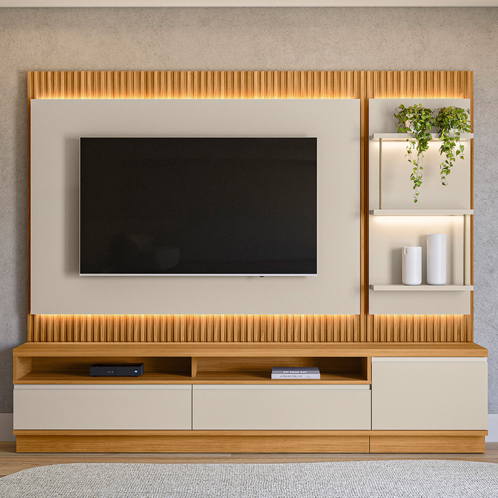Rack Para Sala Com Painel Para TV 70 Pol LED 238cm Spencer L05 Tauari Off White Fosco - Lyam Decor