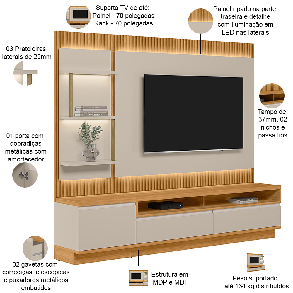 Rack Para Sala Com Painel Para TV 70 Pol LED 238cm Spencer L05 Tauari Off White Fosco - Lyam Decor