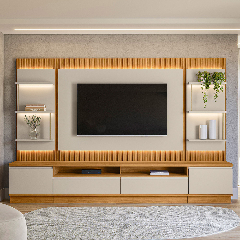 Rack Para Sala Com Painel Para TV 70 Pol LED 297cm Spencer L05 Tauari Off White Fosco - Lyam Decor
