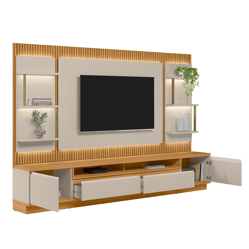 Rack Para Sala Com Painel Para TV 70 Pol LED 297cm Spencer L05 Tauari Off White Fosco - Lyam Decor