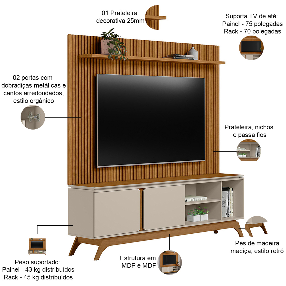 Rack Para Sala Com Painel Para TV 70 Pol Turkey L05 Nature Off White - Lyam Decor