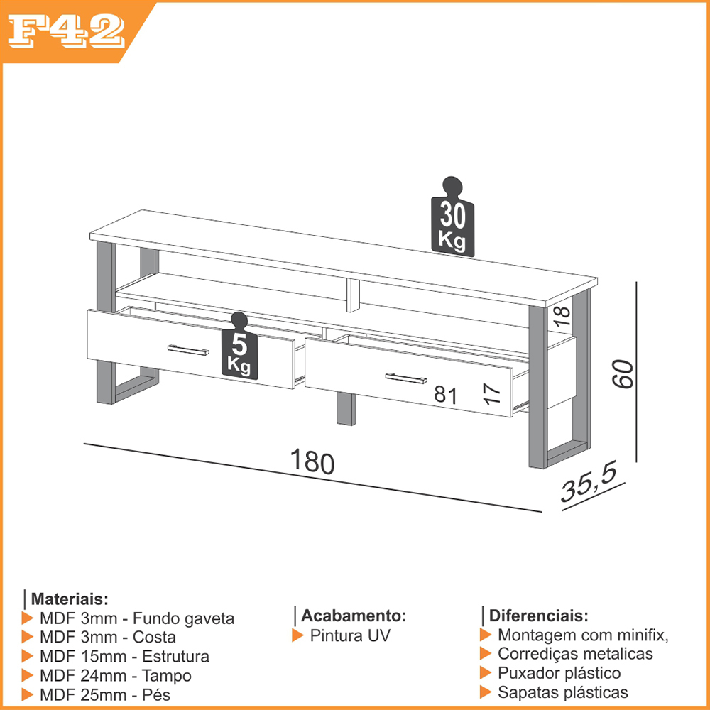Rack Para Sala De Estar 02 Gavetas 01 Prateleira Olivy D03 180 Cm Freijó Preto Fosco - Lyam Decor