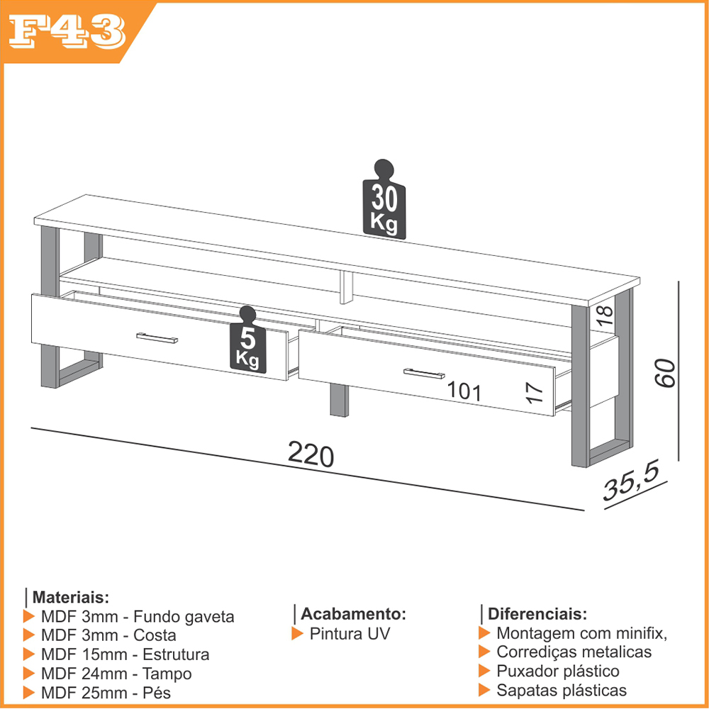 Rack Para Sala De Estar 02 Gavetas 01 Prateleira Olivy D03 220 Cm Freijó Preto Fosco - Lyam Decor