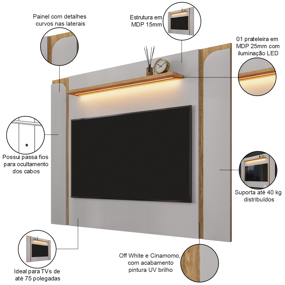 Rack Para Sala Orgânico Suy com Painel Para TV 75 Pol Maresca B02 Off White Cinamomo - Lyam Decor