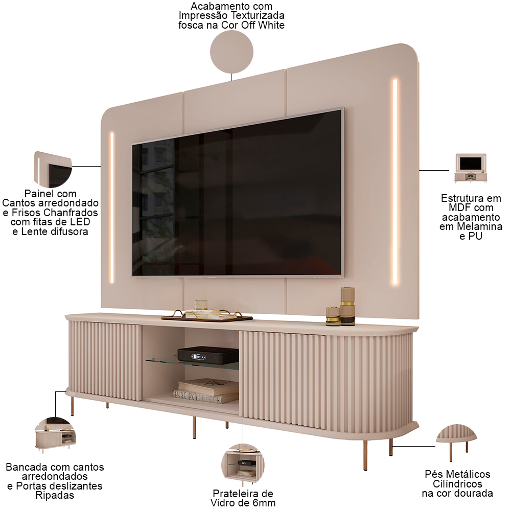 Rack Para Sala Ripado com Painel Para TV 75 Pol Atlantis D05 Off White - Lyam Decor