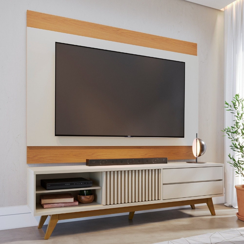 Rack Para Sala Venice com Painel Para TV 75 Pol Cairo C04 Off White Matte Freijó - Lyam Decor