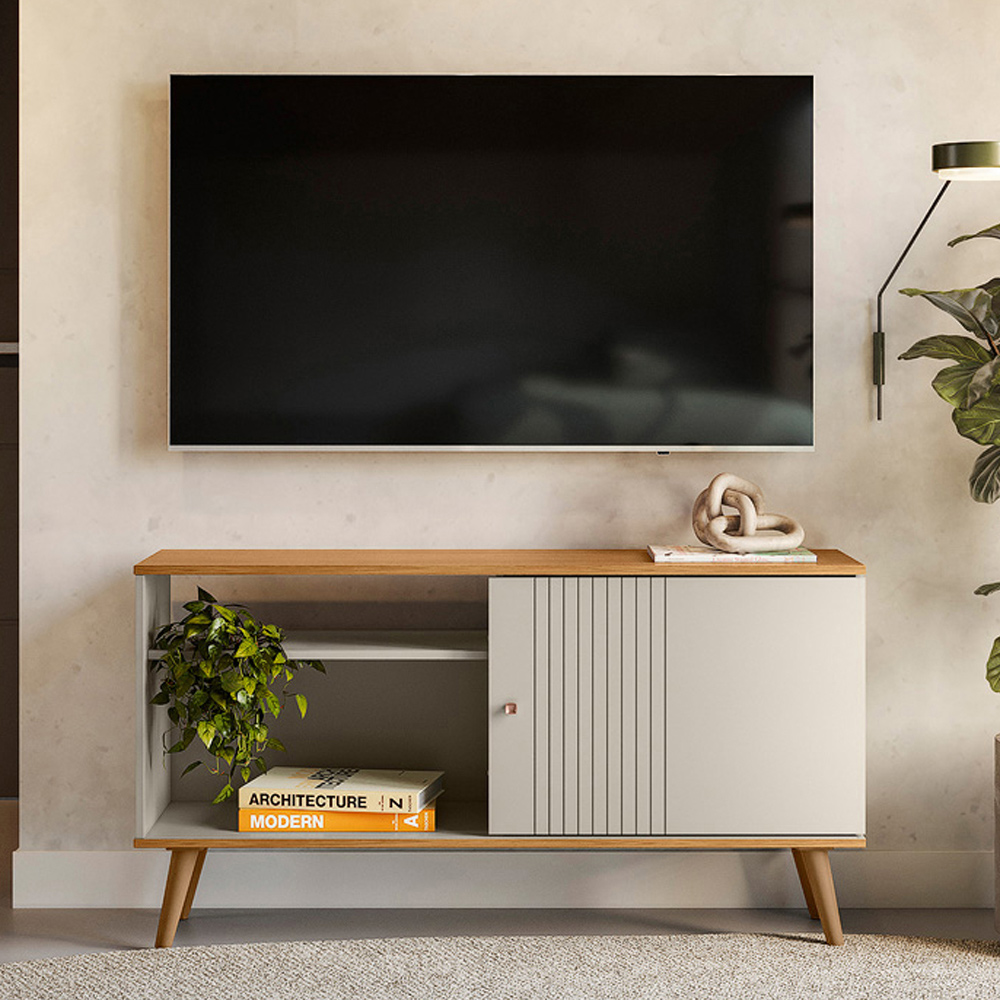 Rack Para Sala de Estar TV 50 Pol 120cm Pés Palito Odem L05 Nature Off White - Lyam Decor
