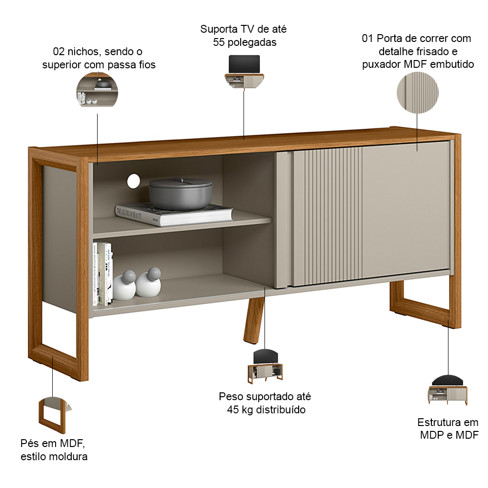 Rack Para Sala de Estar TV 55 Pol 141cm Golden L05 Nature Off White - Lyam Decor