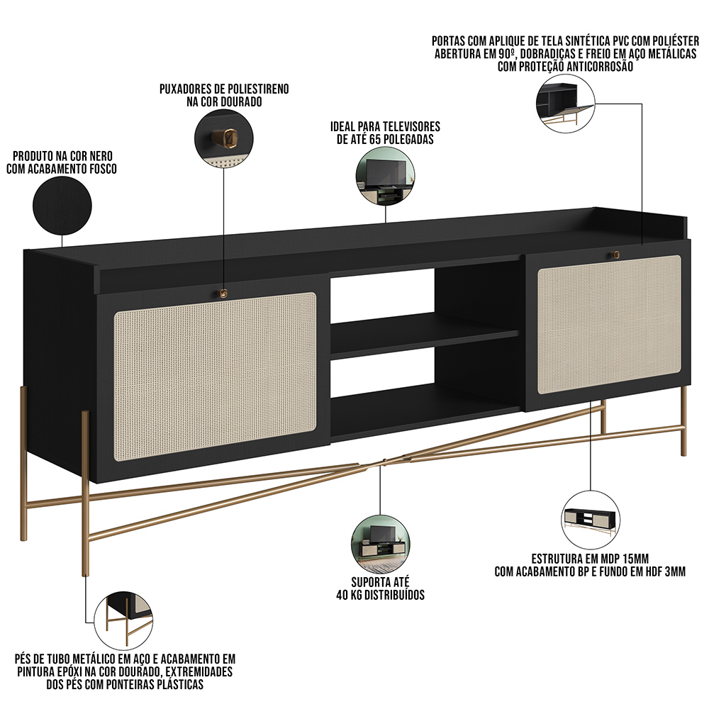Rack Para Sala de Estar TV 65 Pol 183cm Industrial Indy A03 Nero Dourado - Lyam Decor