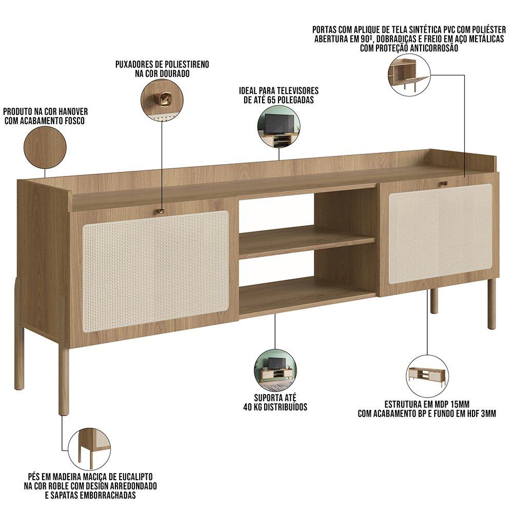 Rack Para Sala de Estar TV 65 Pol 183cm Pés Madeira Moss A03 Hanover Roble - Lyam Decor