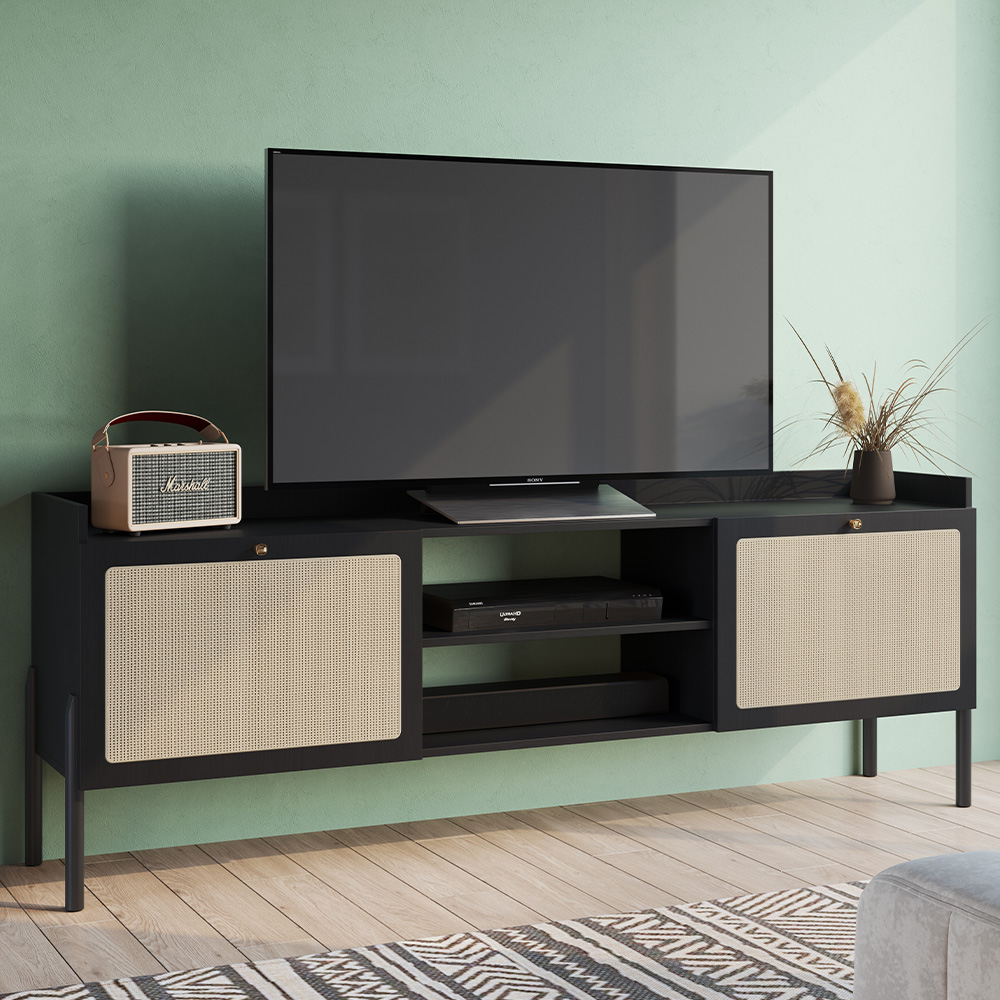 Rack Para Sala de Estar TV 65 Pol 183cm Pés Madeira Moss A03 Nero Preto - Lyam Decor