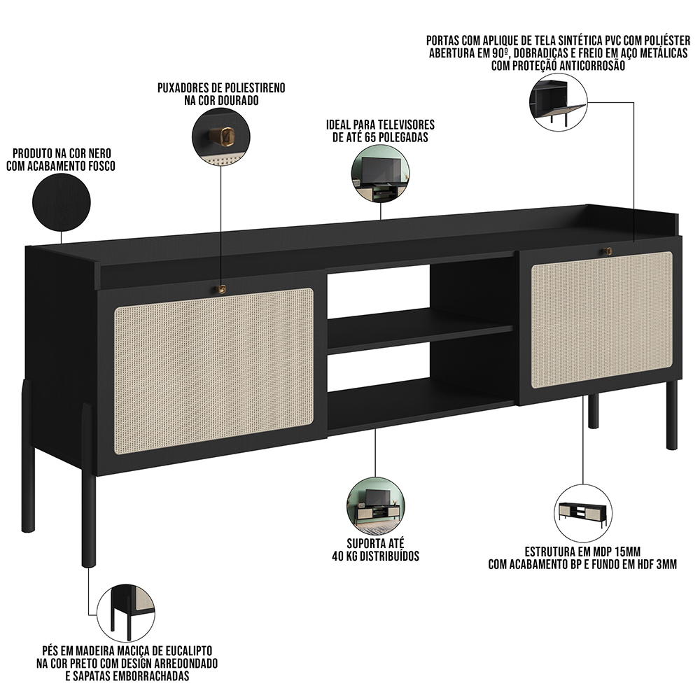 Rack Para Sala de Estar TV 65 Pol 183cm Pés Madeira Moss A03 Nero Preto - Lyam Decor