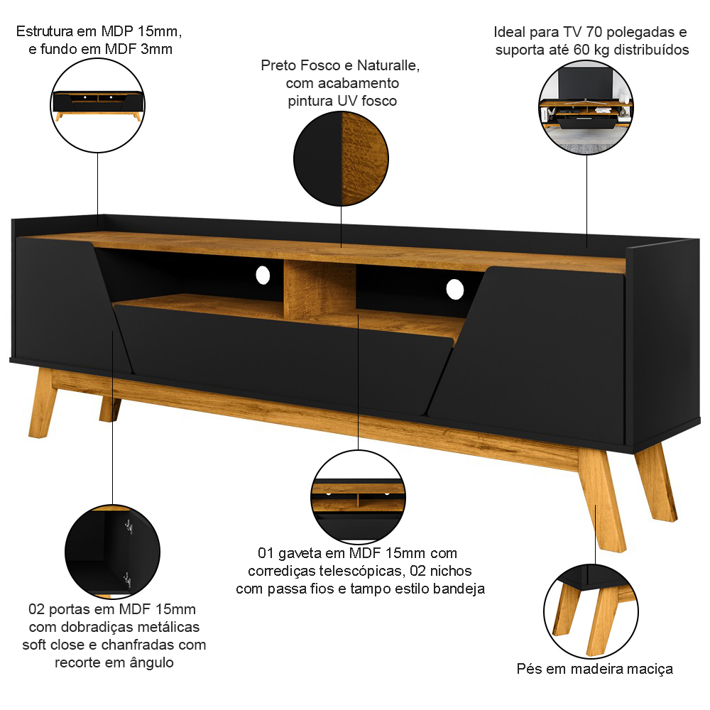 Rack Para Sala de Estar TV 70 Pol 180cm Morello B02 Preto Fosco Naturalle - Lyam Decor