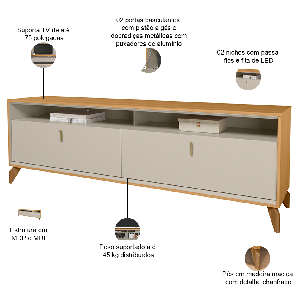 Rack Para Sala de Estar TV 75 Pol 182cm Naomi L05 Tauari Off White Fosco - Lyam Decor
