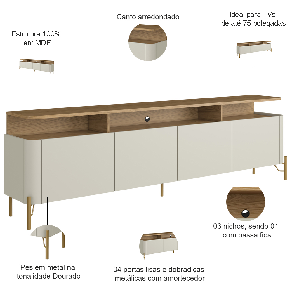 Rack Para Sala de Estar TV 75 Pol 4 Portas 180cm Pés Dourado Clio I03 Louro Luna - Lyam