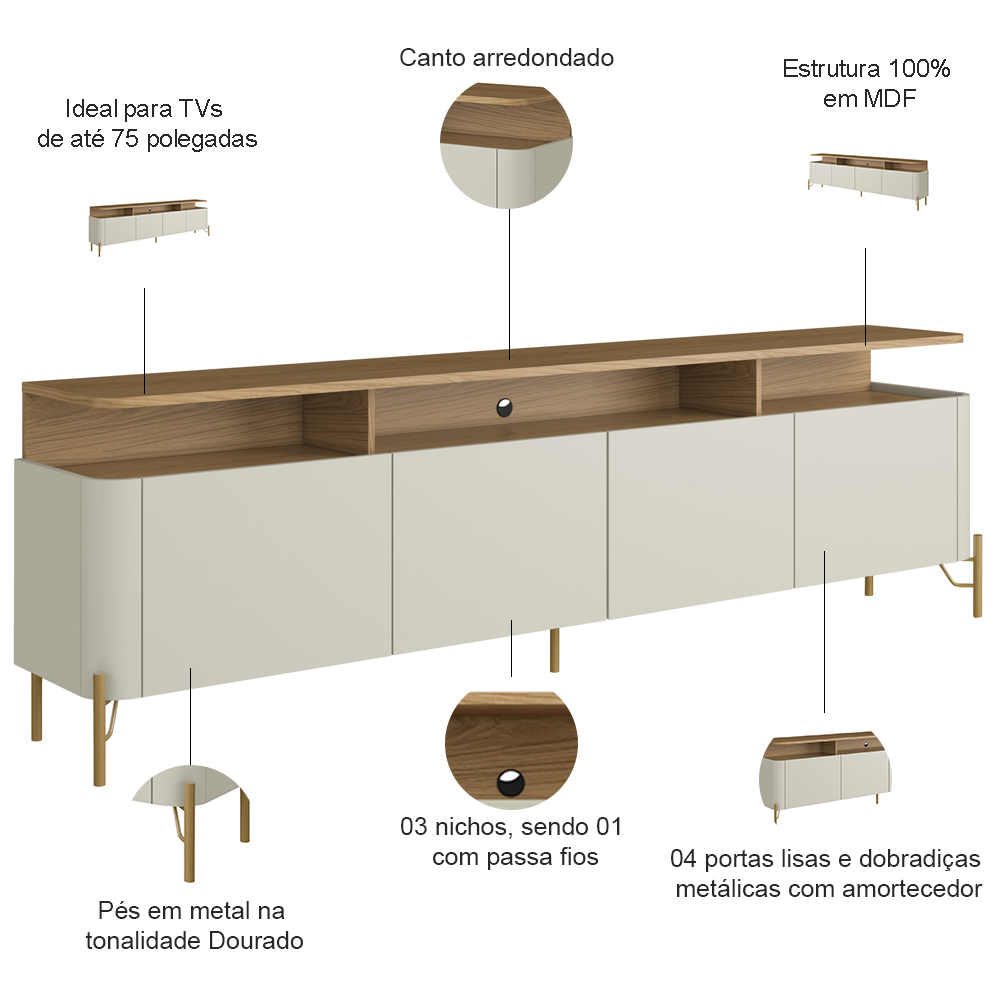 Rack Para Sala de Estar TV 75 Pol 4 Portas 220cm Pés Dourado Clio I03 Louro Luna - Lyam