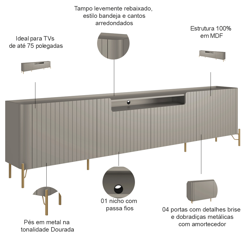 Rack Para Sala de Estar TV 75 Pol 4 Portas Brise Pés Industrial Dourado Alef I03 Grigio - Lyam Decor