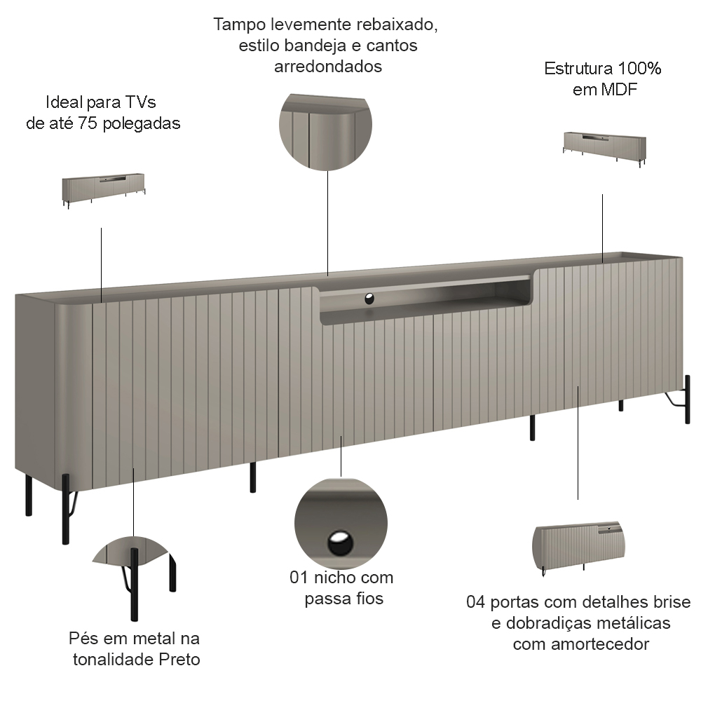 Rack Para Sala de Estar TV 75 Pol 4 Portas Brise Pés Industrial Preto Alef I03 Grigio - Lyam Decor