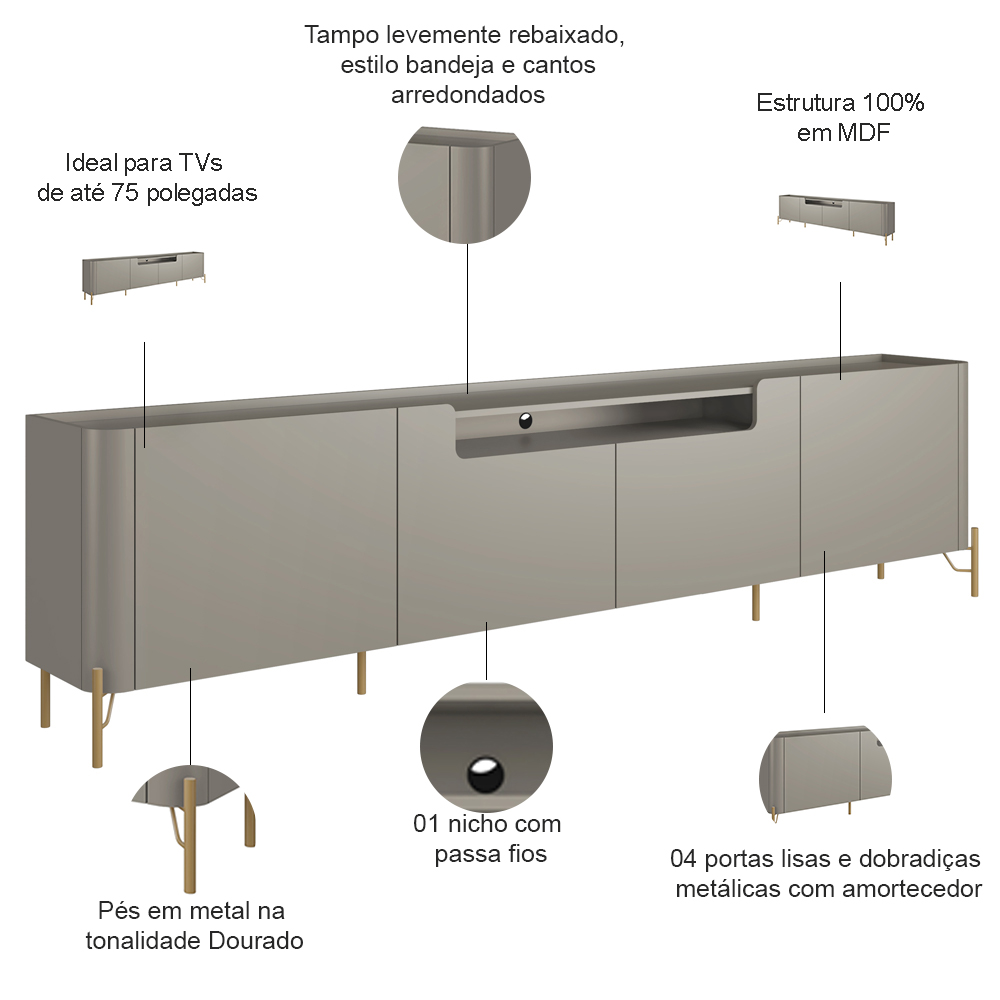 Rack Para Sala de Estar TV 75 Pol 4 Portas Pés Industrial Dourado Alef I03 Grigio - Lyam Decor