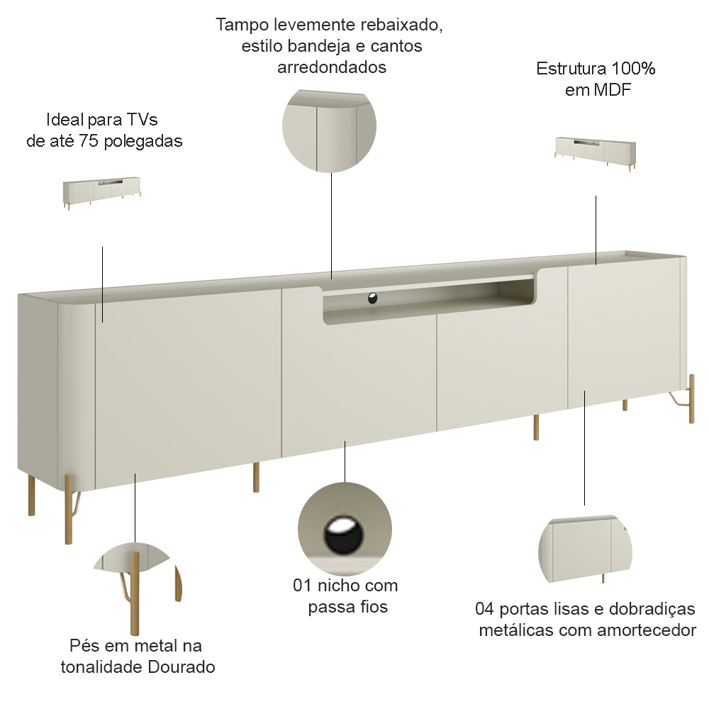 Rack Para Sala de Estar TV 75 Pol 4 Portas Pés Industrial Dourado Alef I03 Luna - Lyam Decor