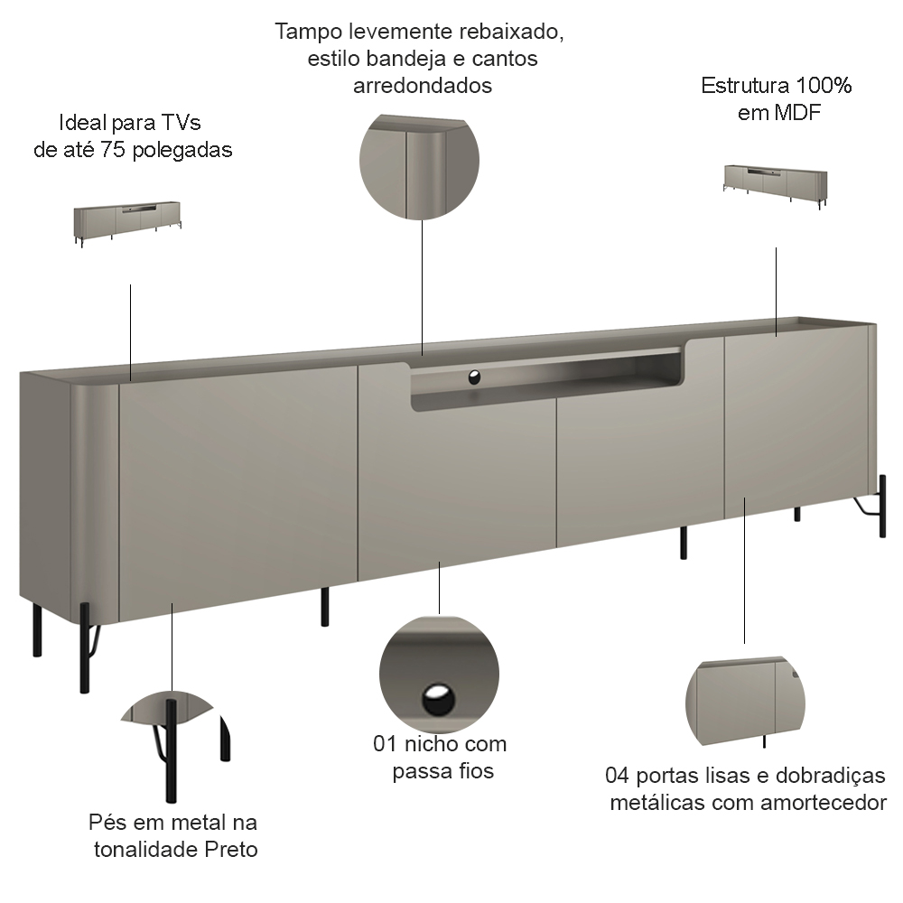 Rack Para Sala de Estar TV 75 Pol 4 Portas Pés Industrial Preto Alef I03 Grigio - Lyam Decor