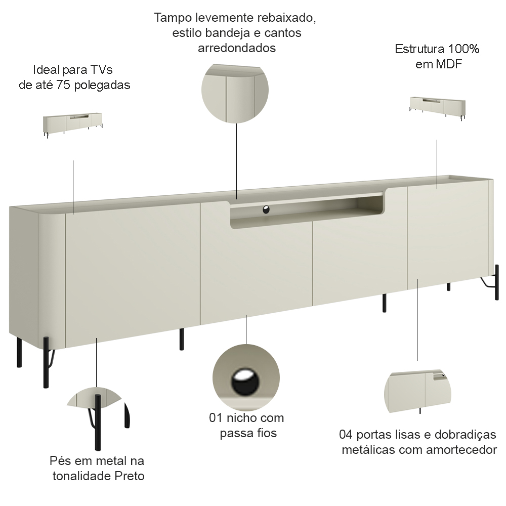 Rack Para Sala de Estar TV 75 Pol 4 Portas Pés Industrial Preto Alef I03 Luna - Lyam Decor