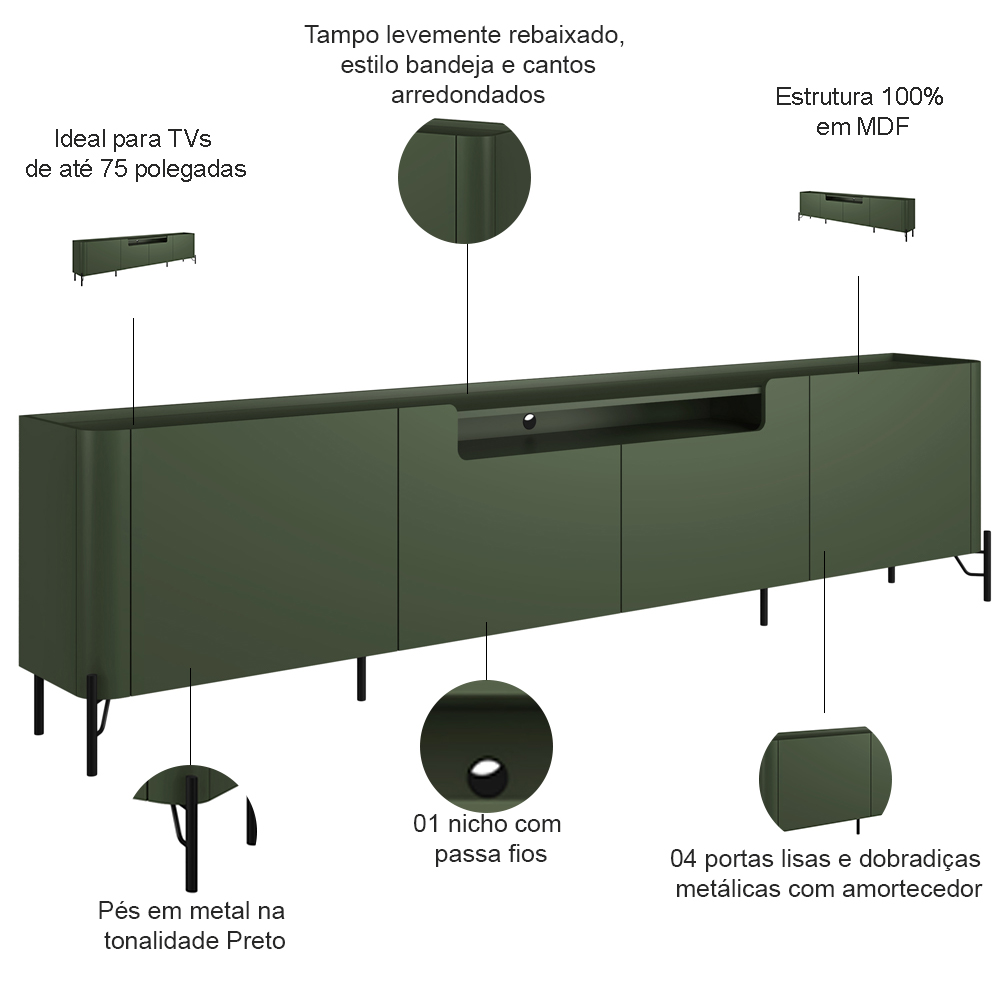 Rack Para Sala de Estar TV 75 Pol 4 Portas Pés Industrial Preto Alef I03 Musgo - Lyam Decor